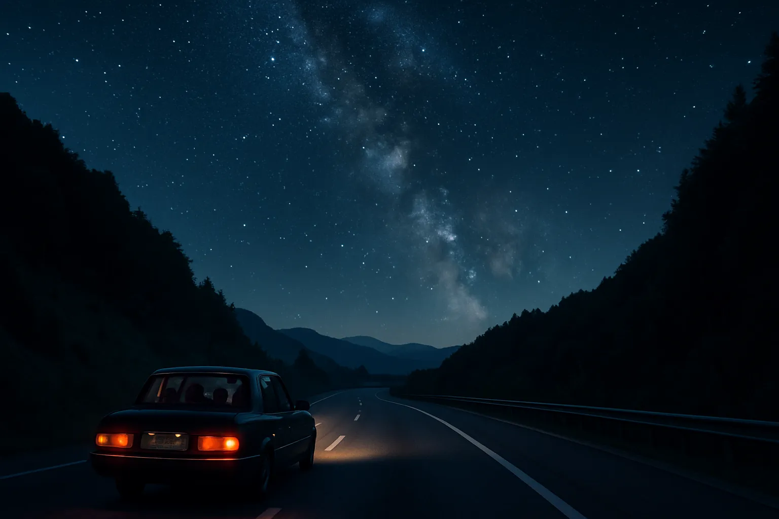 Carro viajando a noite numa estrada calma com as estrelas