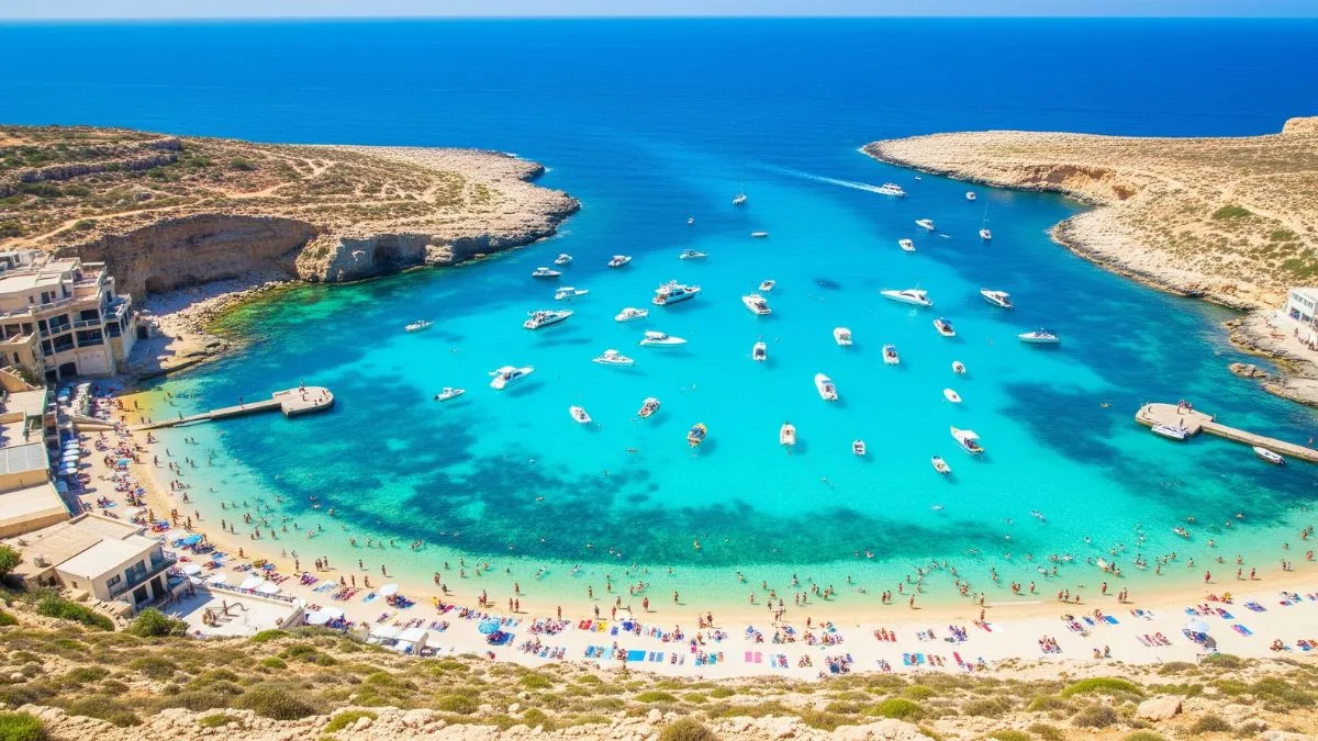 Vista aérea deslumbrante da Blue Lagoon em Malta, com águas turquesas cristalinas, praias de areia branca e barcos coloridos. Pessoas a nadar e a apanhar sol, rodeadas por paisagens rochosas.