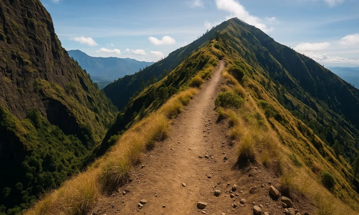 Trilha estreita no Monte Rinjani, cercada por penhascos e vegetação densa na Indonésia