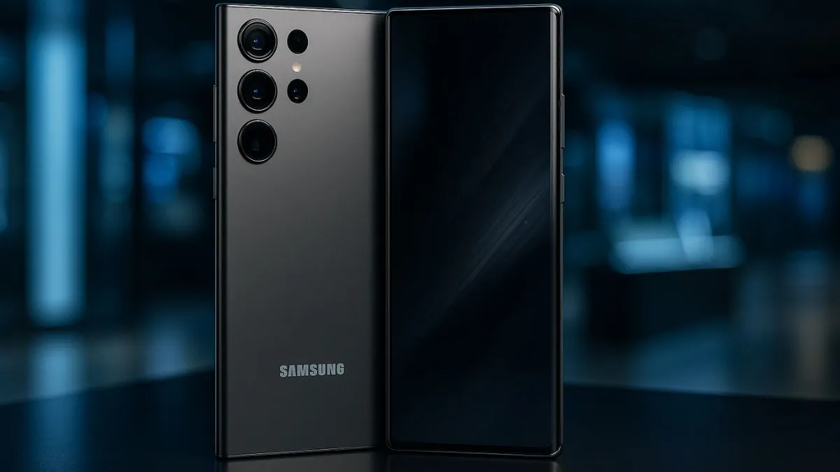 Dois smartphones Samsung Galaxy S24 Ultra pretos lado a lado, um de frente com a tela escura e o outro mostrando sua parte traseira com o sistema de câmera quádrupla.