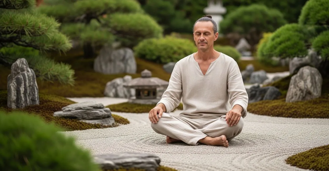 Homem sentado em posição de lótus, meditando pacificamente em um jardim zen tradicional japonês com cascalho rastelado e pedras.